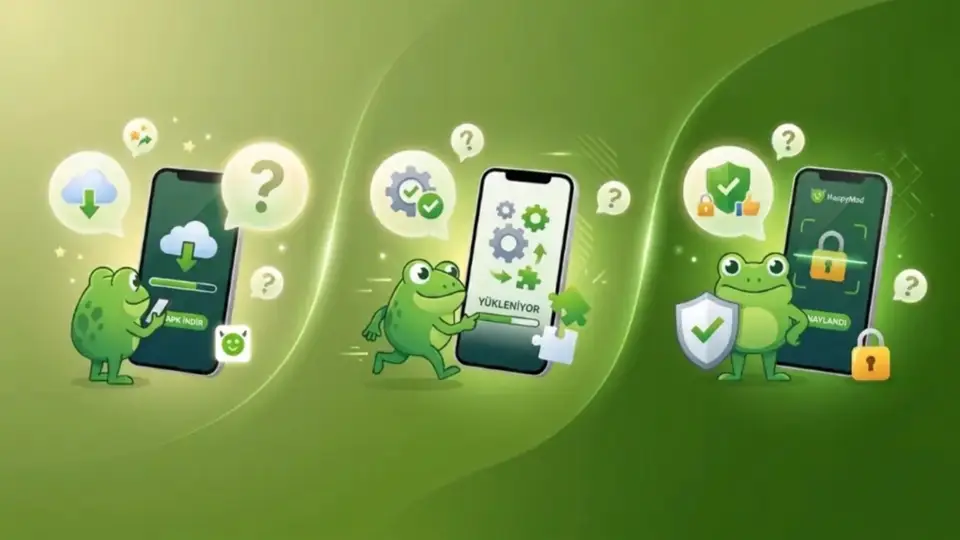 HappyMod APK SSS yardım illüstrasyonu