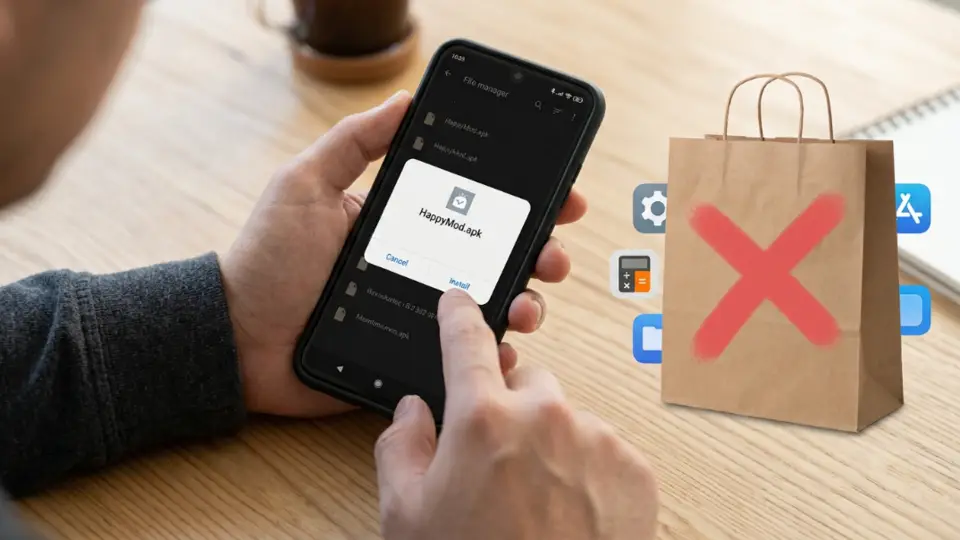 Android phone beside an APK file showing sideload install concept