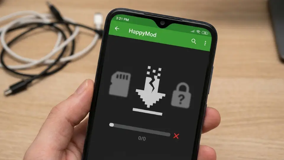 Failed in-app mod download contrasted with a working installer APK