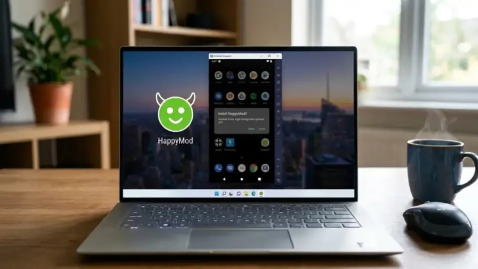 Laptop menjalankan jalur emulator Android untuk HappyMod APK