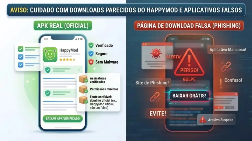 Aviso sobre apps e sites falsos parecidos com o HappyMod