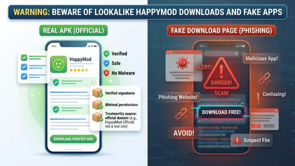 Warning about lookalike apps and fake HappyMod download sites